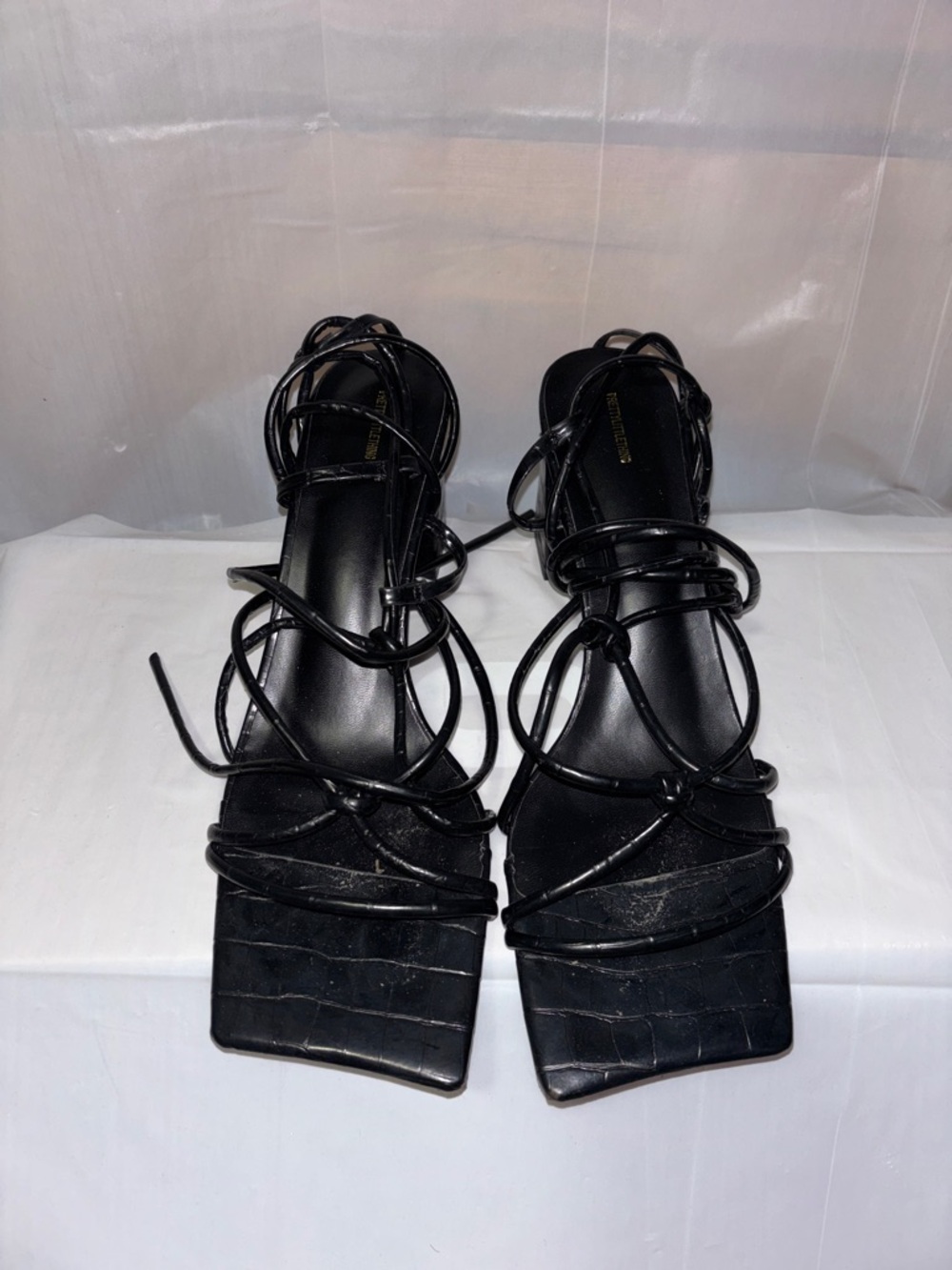 PrettyLittleThing Black Strappy Square Toe Lace-Up Heels